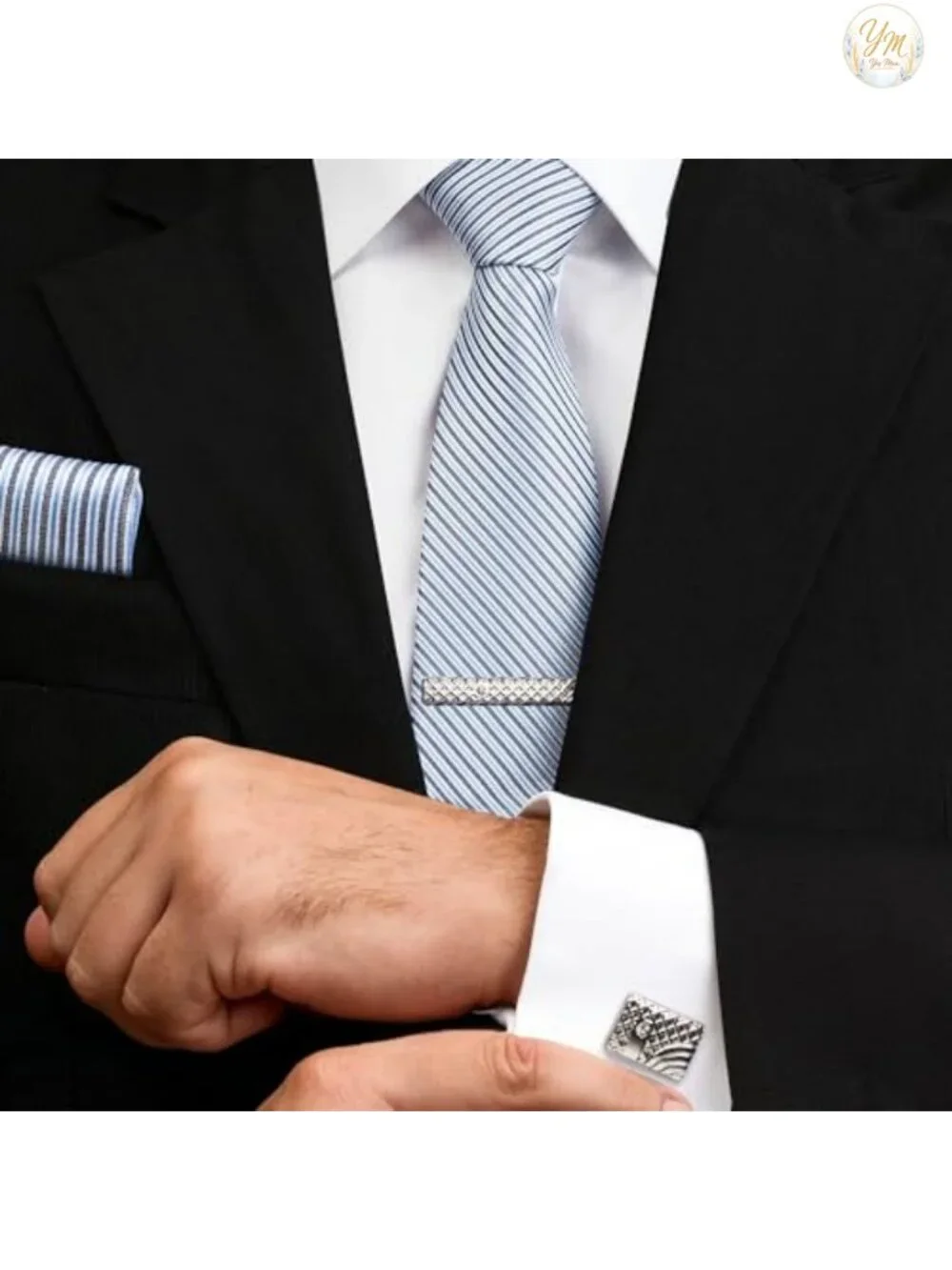 Men's Silky Tie Set with Pocket Squares, Tie Clips & Cufflinks